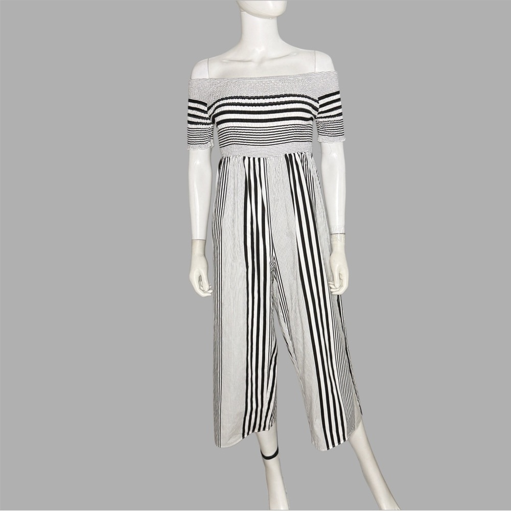 Hers & Mine Black and‎ White Striped Smock  Off The Shoulder  Jumpsuit